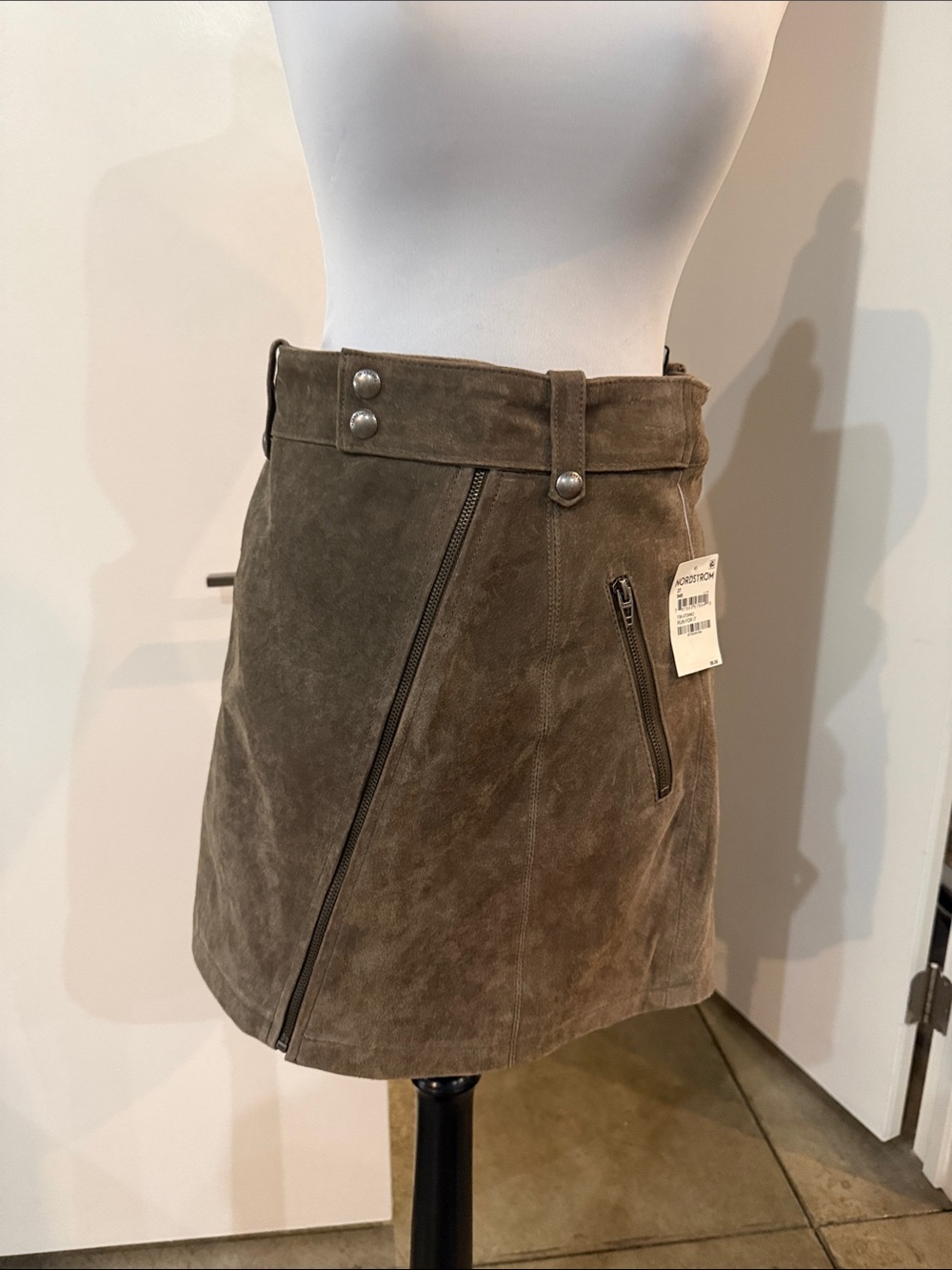 Blank NYC Olive Suede Zip-Detail Mini Skirt